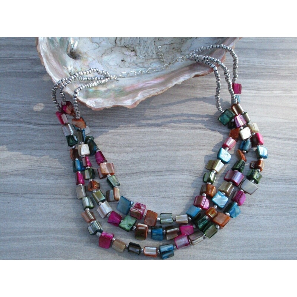 Colorful Tri-Tip Mother of Pearl Shell and Silver Tone Beaded 3 Strand Necklace
